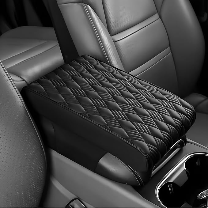 Car Center Console Cover, 12.6"×8.3"×2" Leather Car Armrest Cover, Soft Memory Foam Auto Armrest Cushion Pad, Vehicle Arm Rest Box Protector, Universal Interior Car Accessories (Black)
