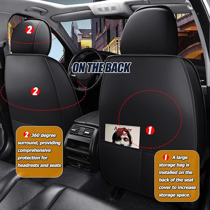 Car Seat Covers Full Set 3D Foam Back Support, 2 Front Seats Universal Fit for Most Cars, Nappa Leather Car Seat Cushion Super Breathable, Storage Bags, All Season, Black Ash Car Seat Cover