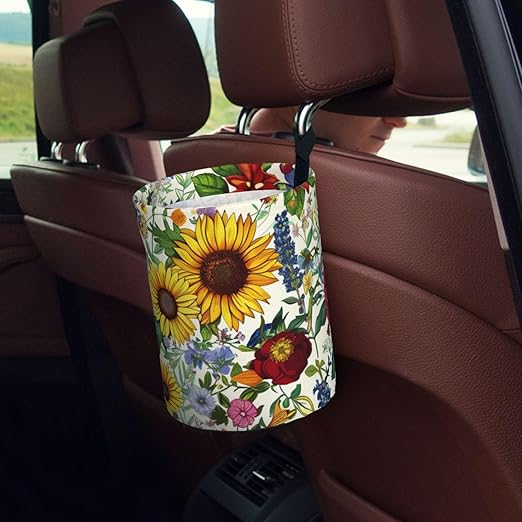 Spring Wildflowers Car Trash Can Garbage Cans Foldable,Cute Hanging Car Organizer and Storage Bag Leak Proof, Auto Back Seat Trash Bin Universal for Truck, SUV, Outdoor Travel