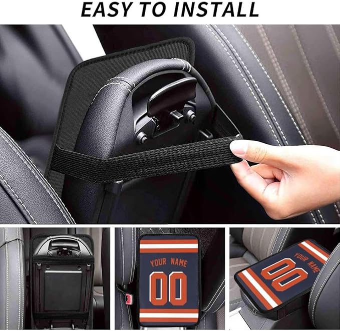 Custom Car Armrest Cover,Add Personalized Name and Number As Gifts for Loyal Football Fans,American Football Auto Center Console Pad Car handrail Box Cushion,Fit for Most Car Seat Box Cover Protector