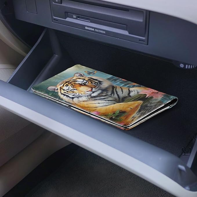 Tiger Animal Butterfly Flowers Floral Car Registration and Insurance Holder Vehicle Glove Box Organizer Car Accessories Wallet Case for Women Men 202a0187