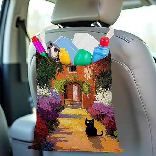 Pykfrhh Black Cat Car Trash Bag, Car Trash Bag Hanging, Waterproof Cars Back Seat Hanging Organizer and Storage Trash Bags for Vehicle Travelling Camping Garden Cat Decor