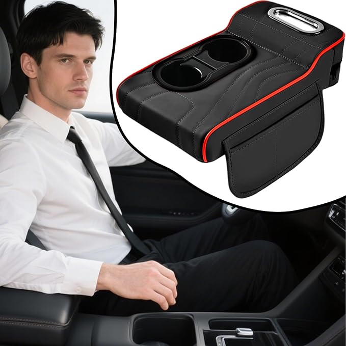 LAFANDE Car Armrest Cushion | Heightening Pad Arm Rest for Car, Center Console Cover with Storage Bags Cup Holder, Tissue Box Slot, Easy to Install and Clean