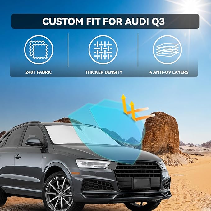 for Audi Q3 2019-2025 2026 Windshield Sun Shade - 4 Layers Car Sunshades for Front Windows Shade Cover Custom Fit Q3 Sun Visor 240T Retractable Shade Blocks UV Rays Car Accessories