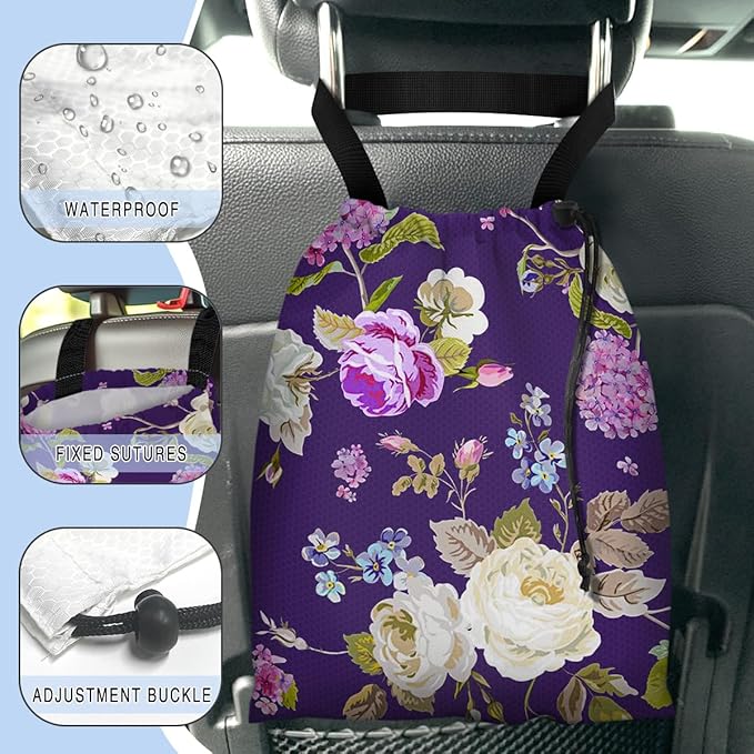 GEGEPINK Car Trash Bag Hanging Back of Seat Waterproof Small Cute Printed One-Handed Strap Drawstring Garbage Bags for Car-Purple Floral