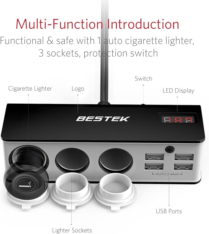 BESTEK 3-Socket Cigarette Lighter Adapter, 12V/24V 200W DC Cigarette Lighter Splitter Power Adapter with 6A 4-Port Car Power Adapter Splitter for GPS, Dashcam, with Replace Fuse