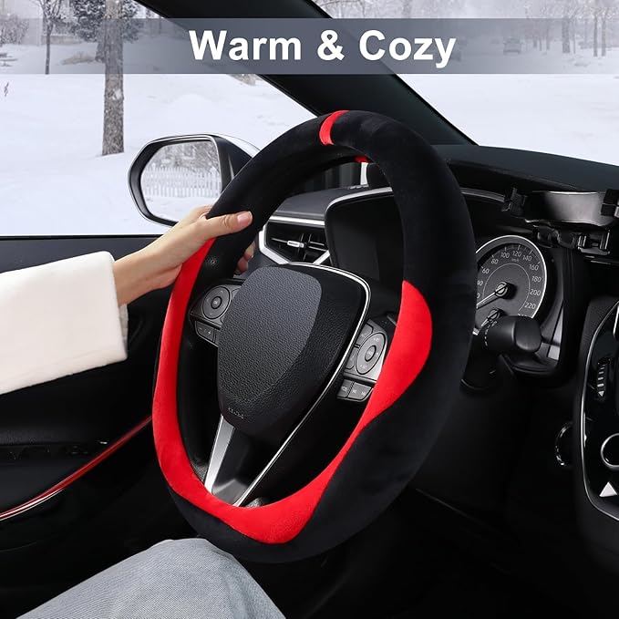 COFIT Plush Steering Wheel Cover Winter, Soft Warm Furry Grip Protector for Cars SUVs Trucks, Fits 14.5-15 Inch, Non-Slip Interior Accessory, Red