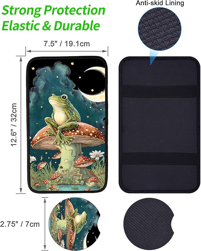 JANENFNA Car Armrest Cover Pads Universal Fashion Cute Auto Center Console Armrest Cover Pad with 2PCS Car Coasters Soft Waterproof Car Armrest Seat Protector for Women,Frog Sitting Mushroom