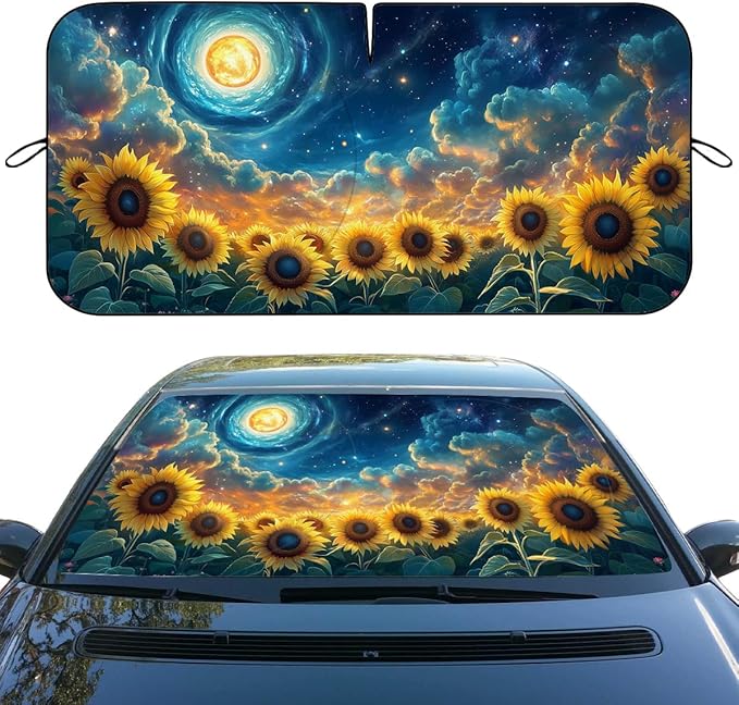 Starry Sunflower Car Window Sun Shield Dreamy Universe Blue Sky Stars Front Window Sun Shade Blocks UV Rays Sun Visor Protector for Car Sedan Truck SUV Accessories 59" L x 31.5" W