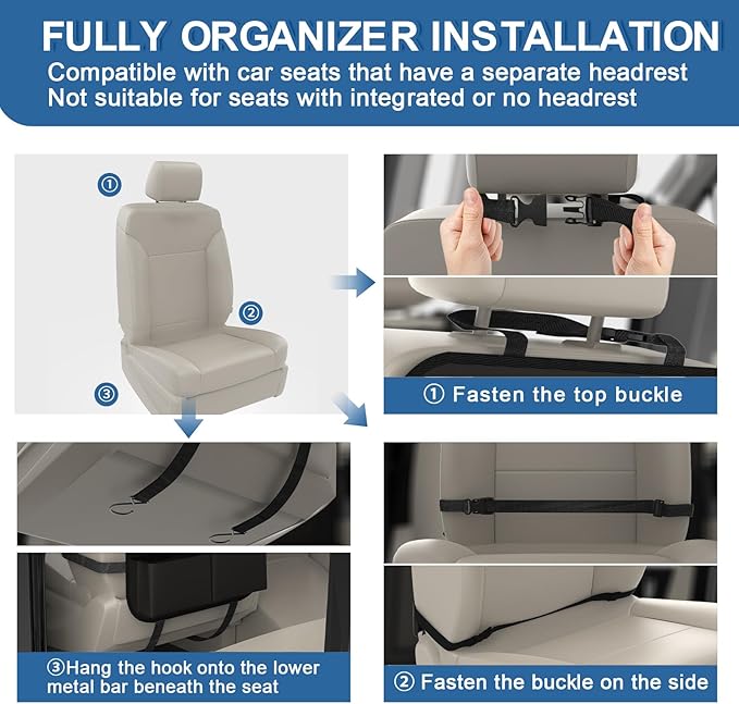 Car Backseat Organizer with Detachable Steering Wheel Tray, 11-Pockets Storage & Tablet Holder, Kids Kick Mats Protector - Travel Accessories (1-Pack)