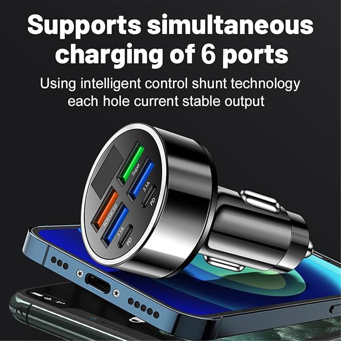 6 in 1 MultiPorts Car Charging Adapter with Digital Voltages Display USB/USB C Charging PD5V-3.1A for Fast Charging