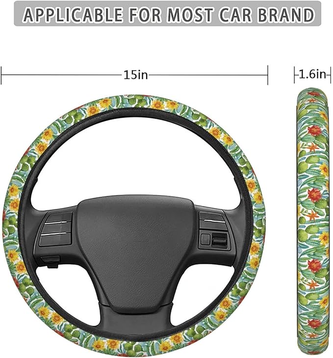 FeHuew Watercolor Cactus Floral Steering Wheel Cover for Women, Girls 15 inch Universal Auto Car Anti Slip Wrap Steering Wheel Covers Fit for Vehicles, Truck, SUV
