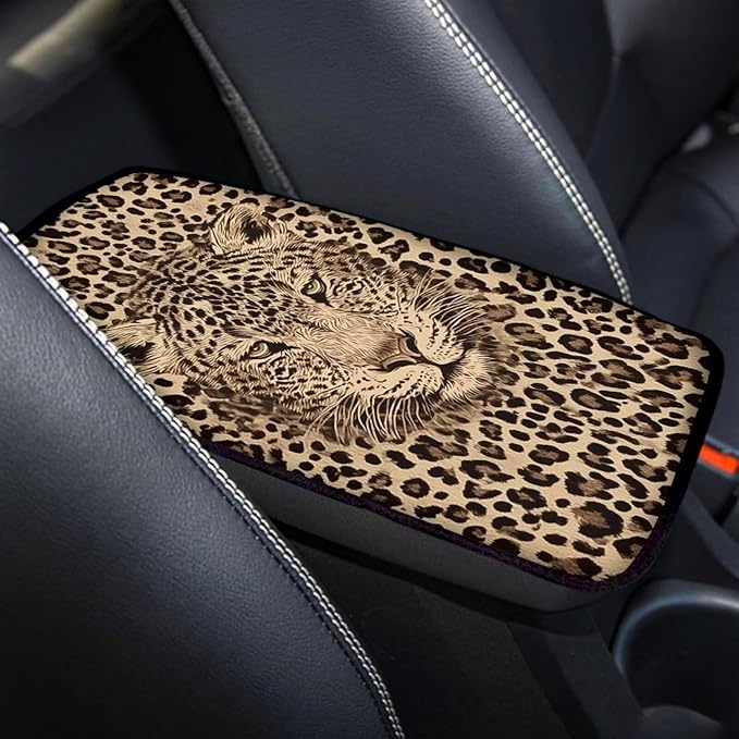 Leopard Print Armrest Cover Pad for Car Scratch Proof Decorative Vehicle Center Console Armrest Cover Pad Suitable for Most Vehicle Truck SUV Sedan