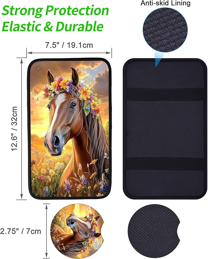 JANENFNA Car Armrest Cover Pads Universal Fashion Cute Auto Center Console Armrest Cover Pad with 2PCS Car Coasters Soft Waterproof Car Armrest Seat Protector for Women,Sunset Flower Horse