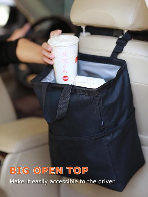 Ginsco 2 Pack New Leak-Proof Travel Car Trash Bag, 3.5 Gallons Large Capacity Hanging Car Trash Can with Hook and Loop Lid and Handle, Multipurpose Trash Bin with Storage Pockets for SUV RV Camping
