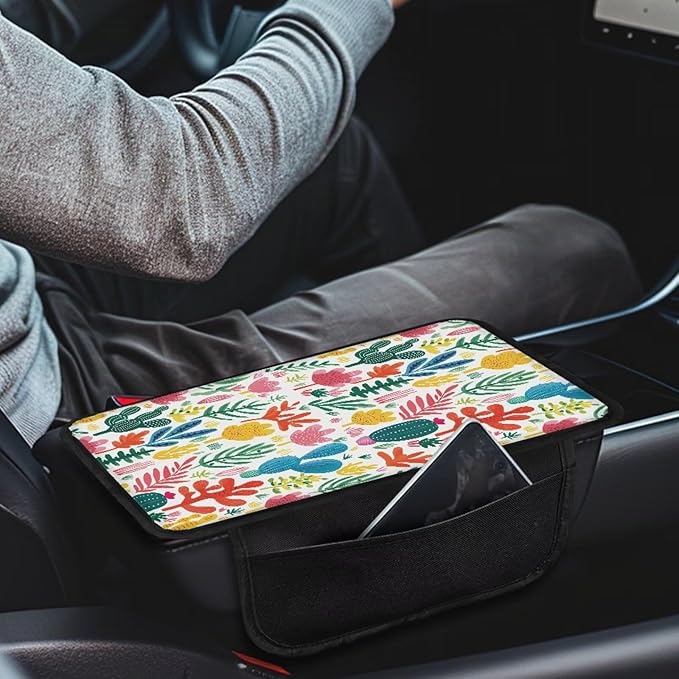 Dreaweet Tropical Cactus Car Accessories Center Console Cover with Pockets,Cute Armrest Cover for Car Truck SUV Center Console Cushion Pad Car Armrest Seat Box Cover Protector