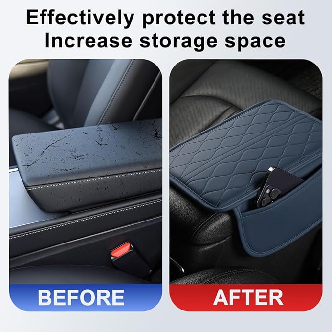 Car Center Console Cover, Leather Vehicle Armrest Seat Box Pad Cushion with 2 Storage Bags, Automotive Interior Arm Rest Protector Accessories, Universal for SUV, Sedan, Truck (Blue)