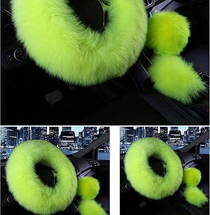 3 Pcs Car Steering Wheel Cover & Handbrake Cover & Gear Shift Cover Set Faux Wool Warm Winter (Green)