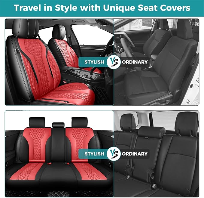 FEINEPRO Leather Car Seat Covers Full Set, Breathable Faux Leather Seat Covers for Cars SUV Sedan Waterproof BlackRed
