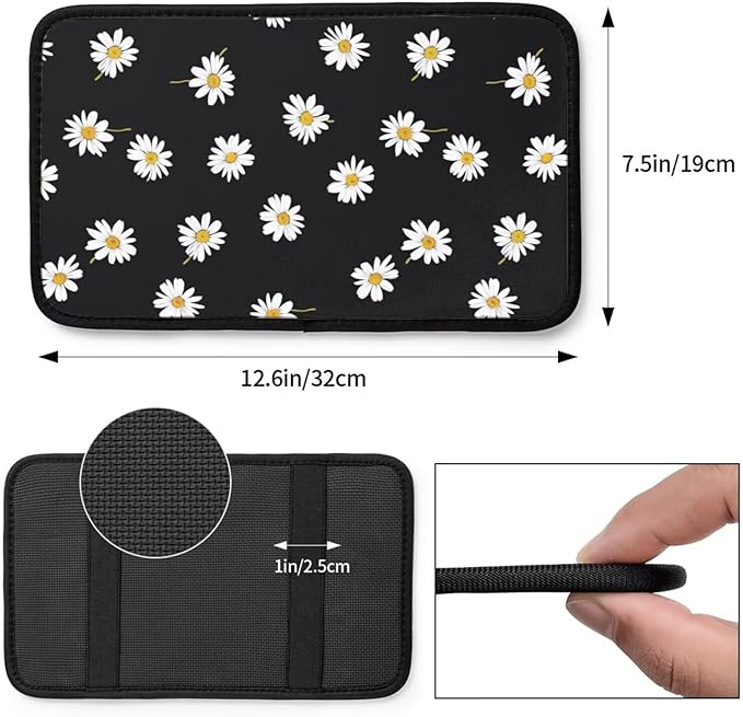 Floral Daisy Car Center Console Cushion Pad Cute Wildflower Armrest Box Cover Protector Black Comfortable Car Decor Accessories Fit for Most Cars, Vehicles, Sedans Vans Truck SUV