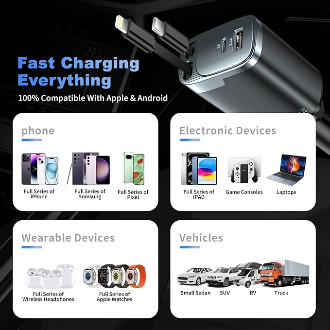 Retractable Car Charger, 84W Car Charger USB C 4 in 1, Car Accessories Fast Charging Car Charger Adapter for iPhone 17 16 15 14 13 12 Pro Max, Samsung, Pixel | Travel Essentials Gifts for Men Women