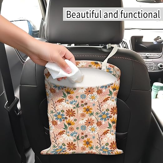 AUEKLLW Car Trash Can, Hanging Garbage Bin for Men and Women, Cute Car Organizer and Storage Bag, Canvas Vehicle Trash Can Bag Easy-to-Install Cute Orange Floral