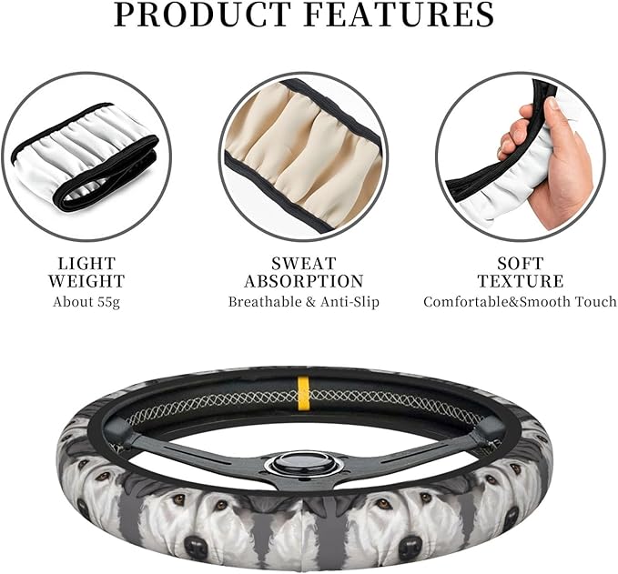 Alaskan Sled Dog Face Car Steering Wheel Cover, 15 Inch Steering Wheel Cover Stylish Decor for Most Cars