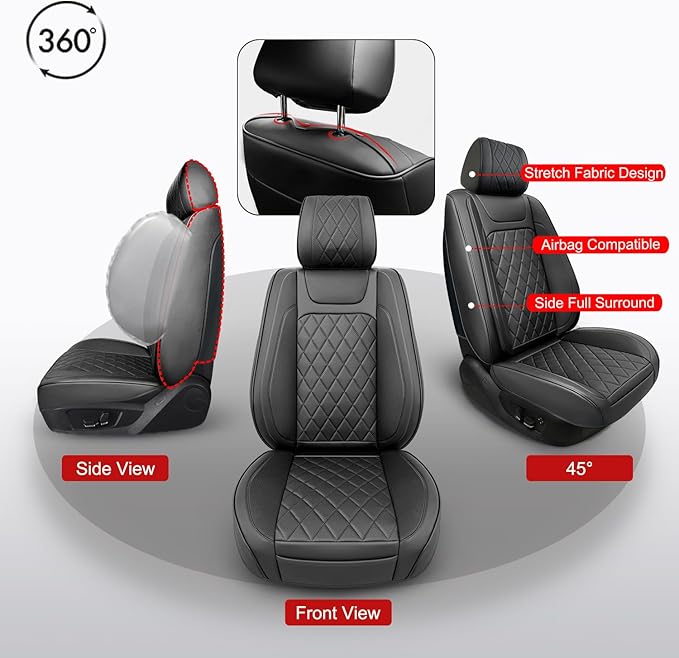 BEITK Leather Car Seat Covers Full Set,Unique Rear Design Easy to Install Car Seat Cover Protectors,Universal Full Surround Front Back Auto Seat Cover,Car Seat Cover for Sedan Cars Pick-up Trucks SUV