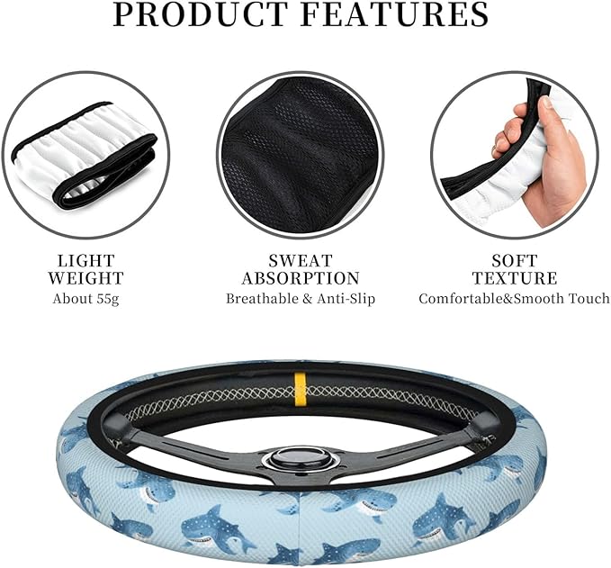 Blue Shark Steering Wheel Cover for Women Men Girls, Car Accessories Decor Thickened Anti-Slip Auto Steering Wheel Covers Protector Universal Fit 15 Inch for Cars, Truck, SUV