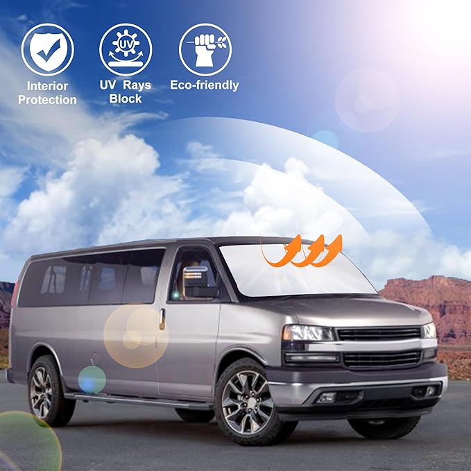 Windshield Sun Shade Compatible with 1996-2024 2025 Chevrolet Express Cargo Van 1500, 3500, 4500, LS, LT Winter Accessories Foldable Sun Visor Protector Keeps Cool