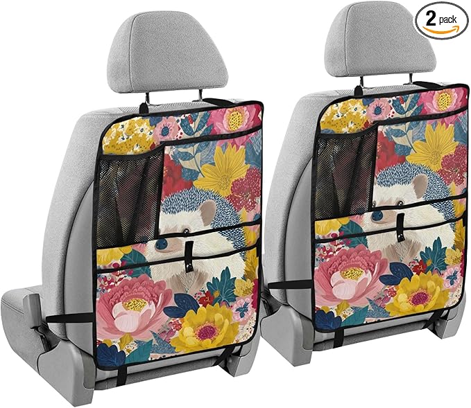 2 Pack Back Seat Car Organizer with Storage Pockets Kick Mats Back Seat Protector Hanging Car Organizer Automotive Seat Back Cover Organizers Garden Flowers Hedgehogs Colorful