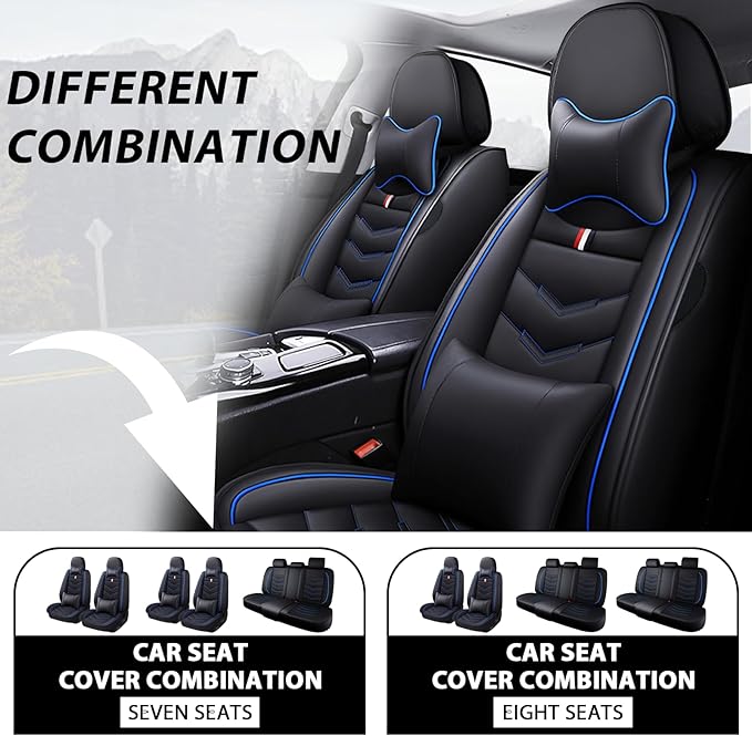 MVRVMV Car Seat Covers for Toyota Highlander 2013-2026, Waterproof & Wear-Resistant Front and Rear Seat Protectors with 2* Neck Pillow and 2* Lumbar Support (7 Seat Luxury, Black-Blue