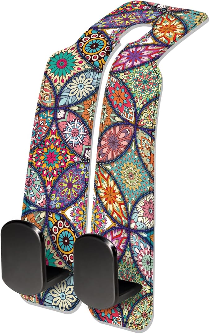 NUGGHU Car Seat Headrest Hook, Universal Leather Cute Hanger Holder Hook, Storage Organizer Interior Accessories for Purse Bags Handbag Luxury Mandala Pattern