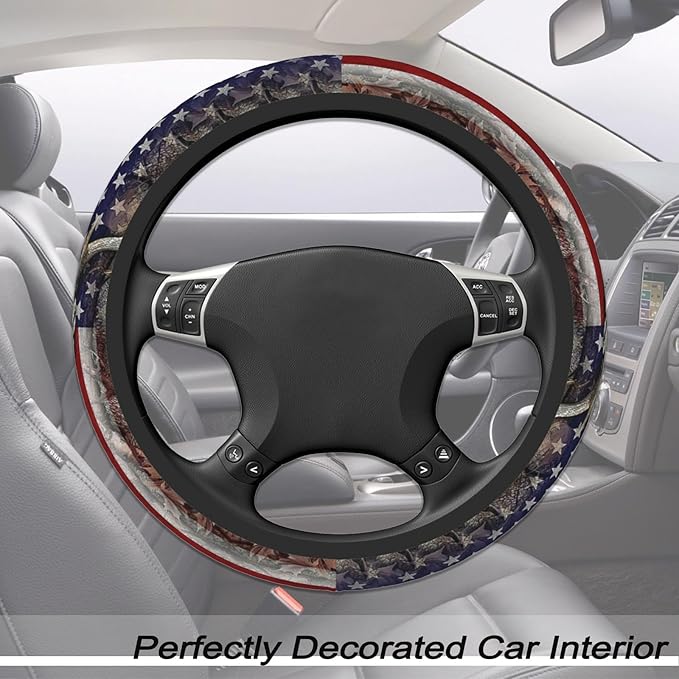 Camouflage Deer American Flag Steering Wheel Cover for Men, Anti-Slip Elastic Breathable Soft Rubber Car Steering Wheel Protective Cover, Universal 15 Inch Fit for Cars, Auto, SUVs