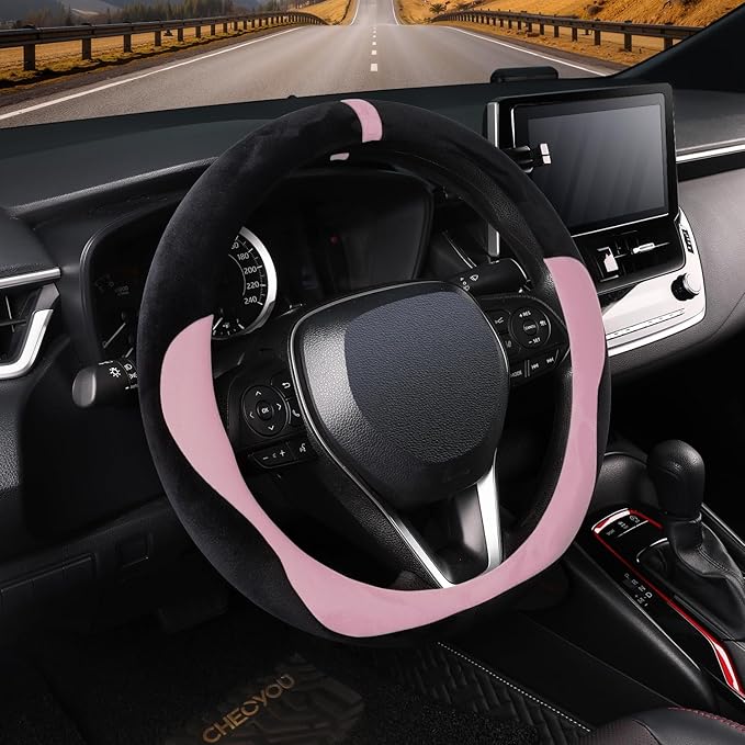 COFIT Plush Steering Wheel Cover Winter, Soft Warm Furry Grip Protector for Cars SUVs Trucks, Fits 14.5-15 Inch, Non-Slip Interior Accessory, Pink