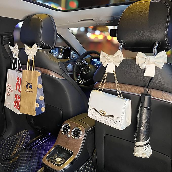 Car Purse Hook for Car 2 Pcs White Cute Bow Car Seat Headrest Hook ,Cute Bow Shaped Vehicle Backseat Storage Hooks, Car Seat Storage Organizer Bag Hooks for Wallets,Coats,Umbrellas,Car Accessories