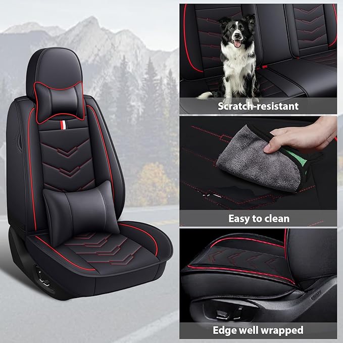 MVRVMV for Ford Bronco 2021-2026 Seat Covers, Waterproof Leather Seat Cover with 2* Neck Pillow and 2* Lumbar Support (2 Seat Luxury,Black-Red)