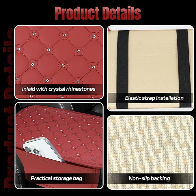 wuyaoyao Bling Car Center Console Cover, 11.81"×7.87" Leather Auto Arm Rest Cover Protector with 2 Storage Bags, Vehicle Crystal Rhinestone Armrest Cushion Pad, Interior Car Accessories (Wine Red)