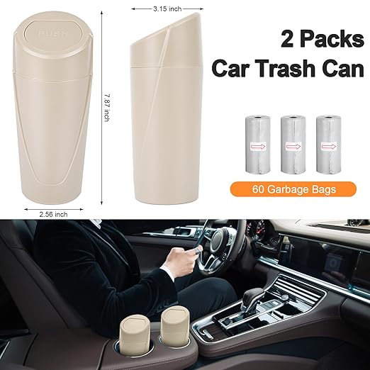 Kincown Car Trash Can, 2 Packs Mini Car Trash Bin with Lid, Leakproof Cup Holder Car Garbage Can with 60 Trash Bags, Vehicle Front Back Seat Organizers and Storage for Car, Home, Office, Beige
