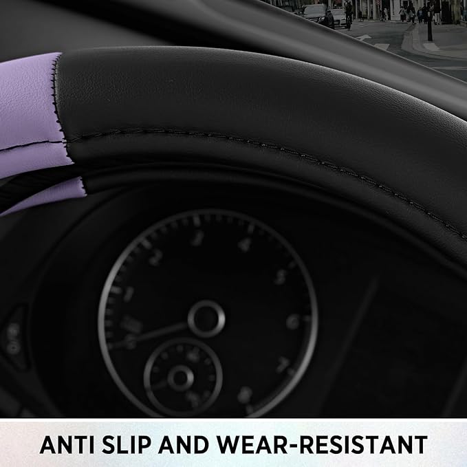 Road Comfort Leather Steering Wheel Cover – Premium Anti-Slip Car Steering Wheel Grip Cover – Universal Fit for 14.5”–15.5” Cars, Trucks & SUVs - Purple