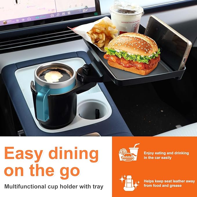 Car Large Cup Holder Expander, 4-in-1 Cupholder Extender with Swivel and Detachable Snack Food Tray Table for Eating, Travel Essentials for Road Trips for Driver. Model E