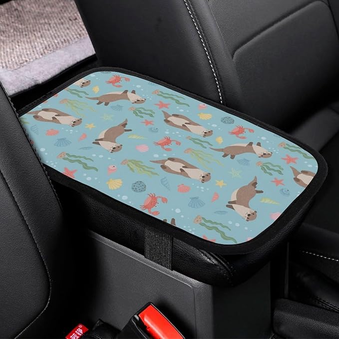 Car Armrest Box Pad Cute Sea Otters, Universal Style Waterproof Center Console Cover, Arm Rest Cushion Pads for SUV, Truck