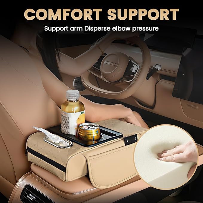 LEIWOOR Car Center Console Armrest Pillow, Booster Cushion with Cup Holder & Phone Holder Universal for Most Car Interior Accessories(Beige, Large)