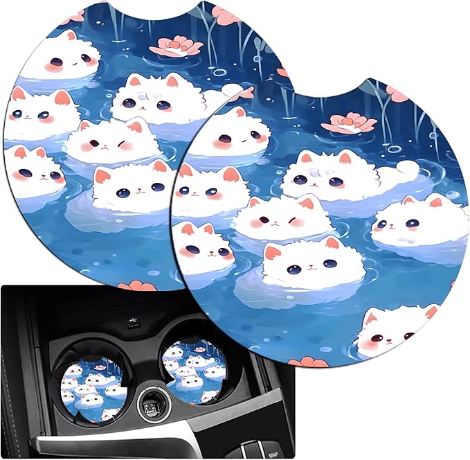 JANENFNA Car Armrest Cover Pads Universal Fashion Cute Auto Center Console Armrest Cover Pad with 2PCS Car Coasters Soft Waterproof Car Armrest Seat Protector for Women,Cute White Cat in Water
