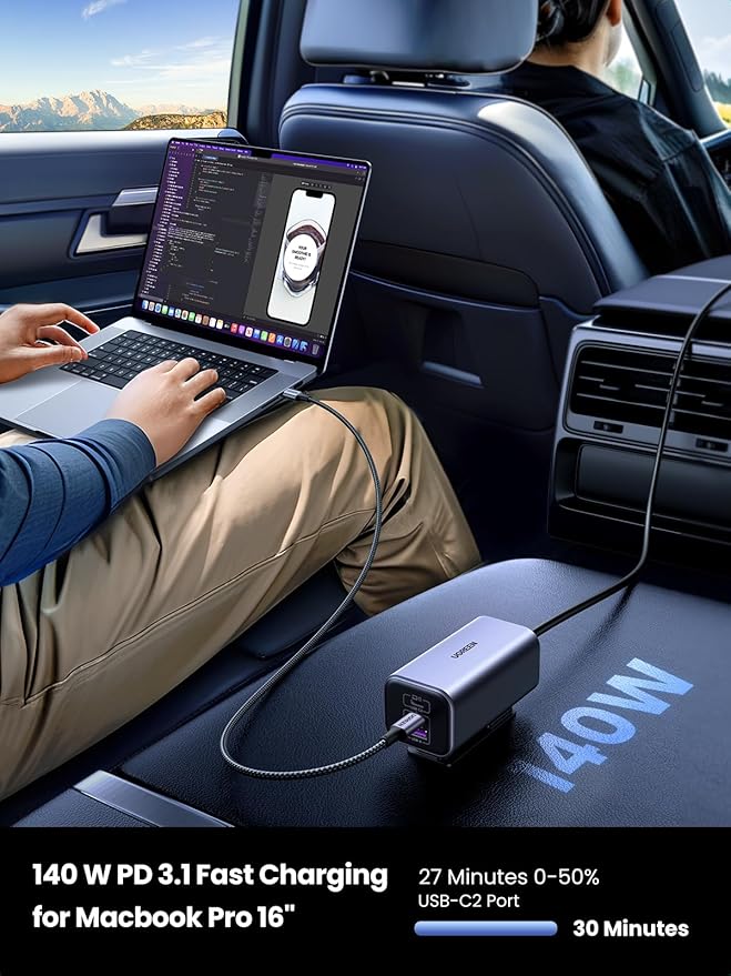 UGREEN 150W USB C Car Charger, PD 3.1 140W Car Charger Adapter Fast Charging 4-Port Cigarette Lighter USB Multi Port Charger Compatible with iPhone 17/16/15, Galaxy S24/S23, iPad, Tablet, Laptop