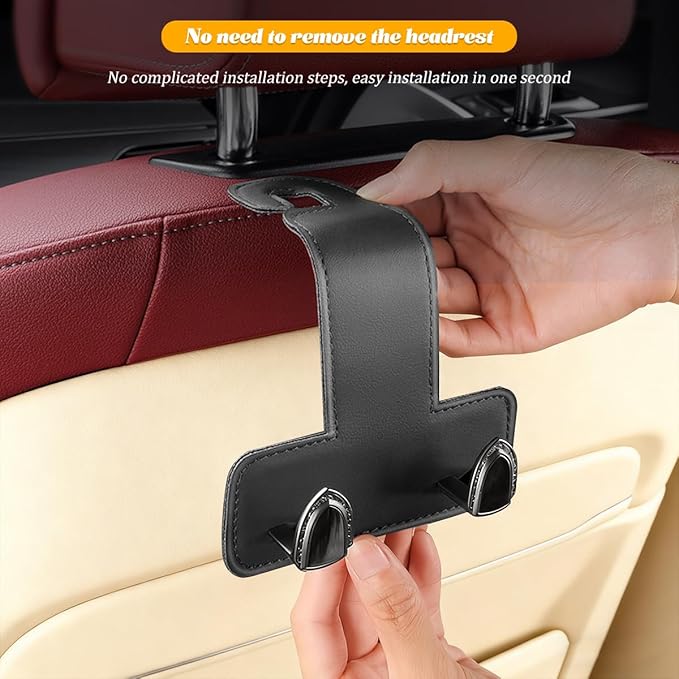 2PCS Car Headrest Hook, Dual Hook Leather Vehicle Back Seat Storage Organizer for Handbag Purse Hat, Multifunction Automotive Seat Back Hanger Holder, Universal for Most Vehicles (Black)