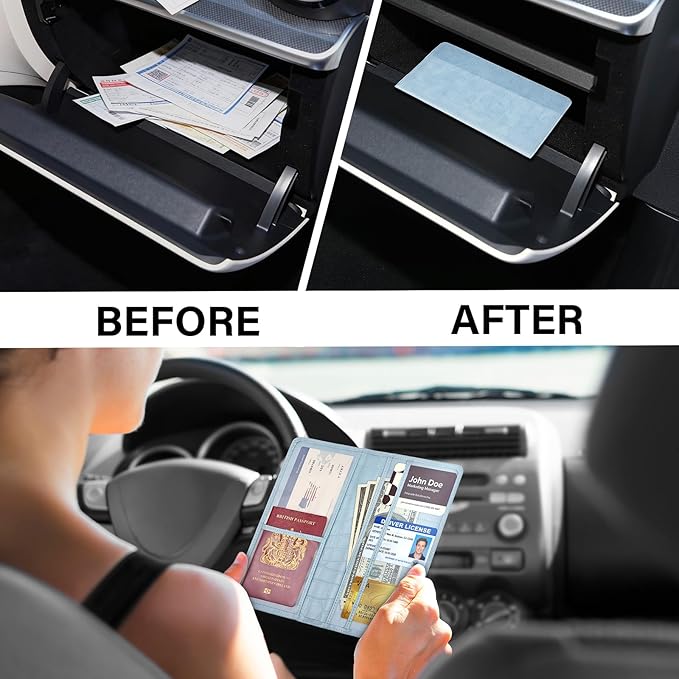 Car Registration and Insurance Holder, Blue Vehicle Glove Box Car Organizer with Magnetic Closure for Documents, Cards, License Car Organization, 1 Pack