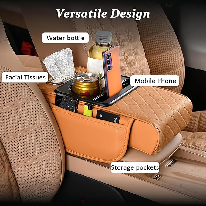 Car Armrest Pad for Nissan Altima 2013-2018, PU Leather 5-in-1 Armrest Storage Box Center Console Cover Armrest Cushion Arm Rest Cushion Pads with Cup Holders and Tissue Box, E/Beige