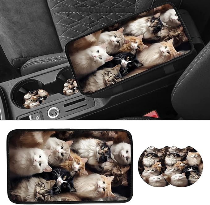 JANENFNA Car Armrest Cover Pads Universal Fashion Cute Auto Center Console Armrest Cover Pad with 2PCS Car Coasters Soft Waterproof Car Armrest Seat Protector for Women,Bunch of Cats