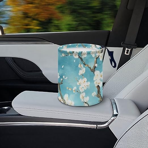 Flower Car Garbage Can Small Trash Can with Leak Proof Inside Liner And Hanging Strap Car Organizer Portable Car Essentials